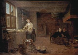 Hendrick Martensz. Sorgh - A Kitchen Interior With A Woman Preparing A Meal And A Couple By The Fireplace