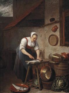 Hendrick Martensz. Sorgh - A Maid Standing By A Table Cleaning Fish In A Yard
