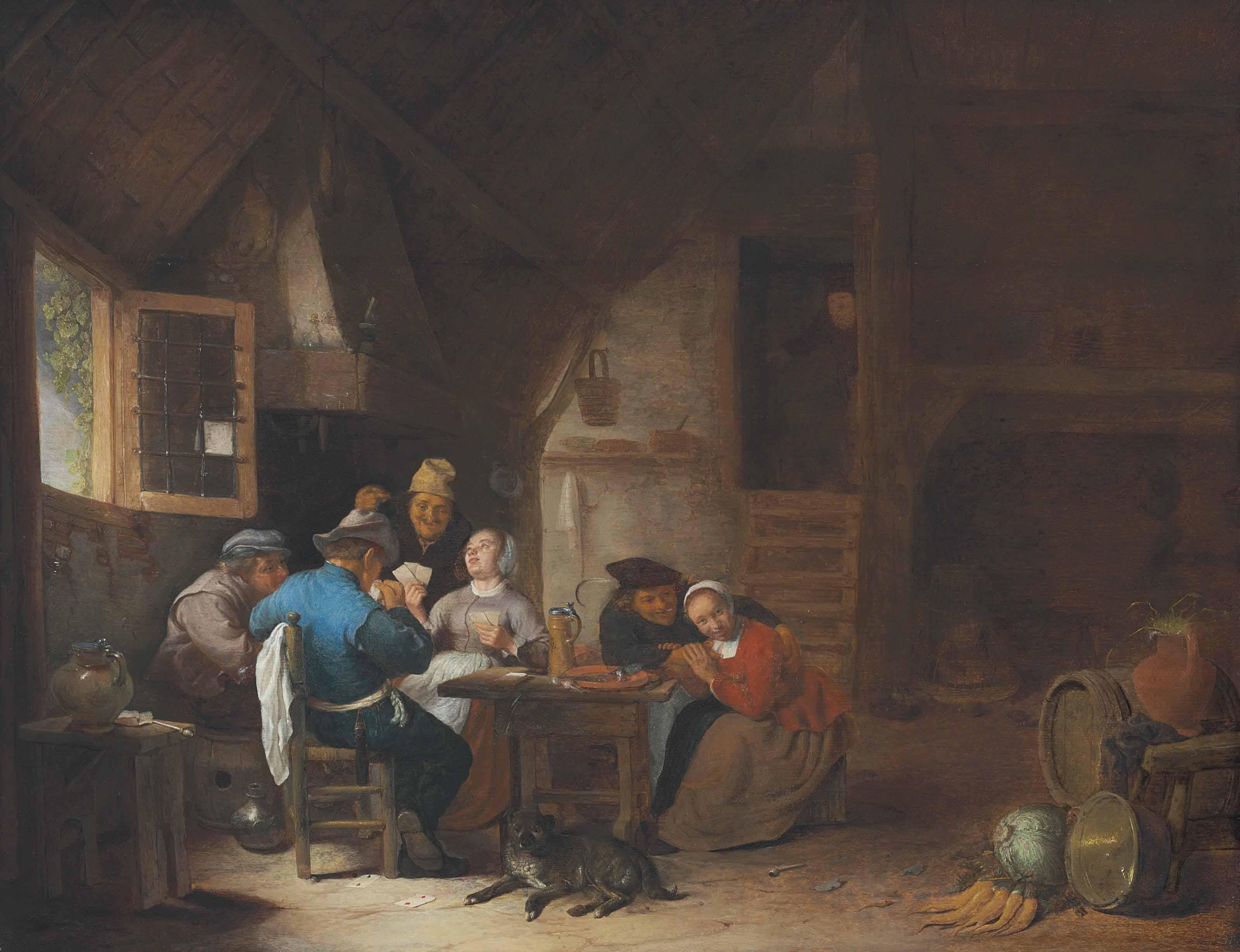Hendrick Martensz. Sorgh - An Interior With Peasants Seated Around A Table Playing Cards
