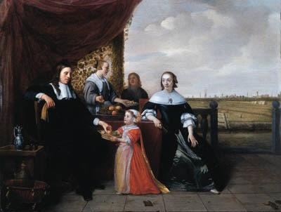 Hendrick Martensz. Sorgh - Portrait of a family seated at a table, on a terrace, a landscape beyond