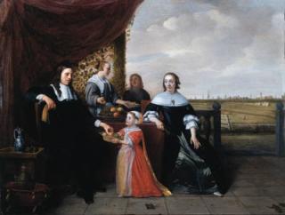 Hendrick Martensz. Sorgh - Portrait of a family seated at a table, on a terrace, a landscape beyond