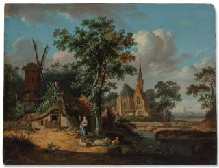 Hendrick Meijer - A landscape with a shepherdess and her herd near a house by a stream, a windmill and church beyond