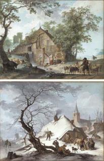 Hendrick Meyer - A thatched mill by a stream with a shepherd and his flock, a Dutch town in the background; and A thatched house under snow by a frozen lake, a church in the background
