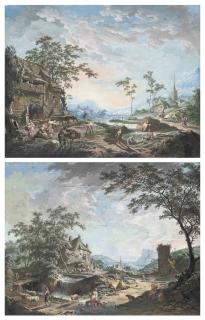 Hendrick Meyer - Sunrise over a river valley with fishermen, travellers and herdsmen in the foreground; and Sunset over a pastoral landscape with herdsmen returning home and travellers resting