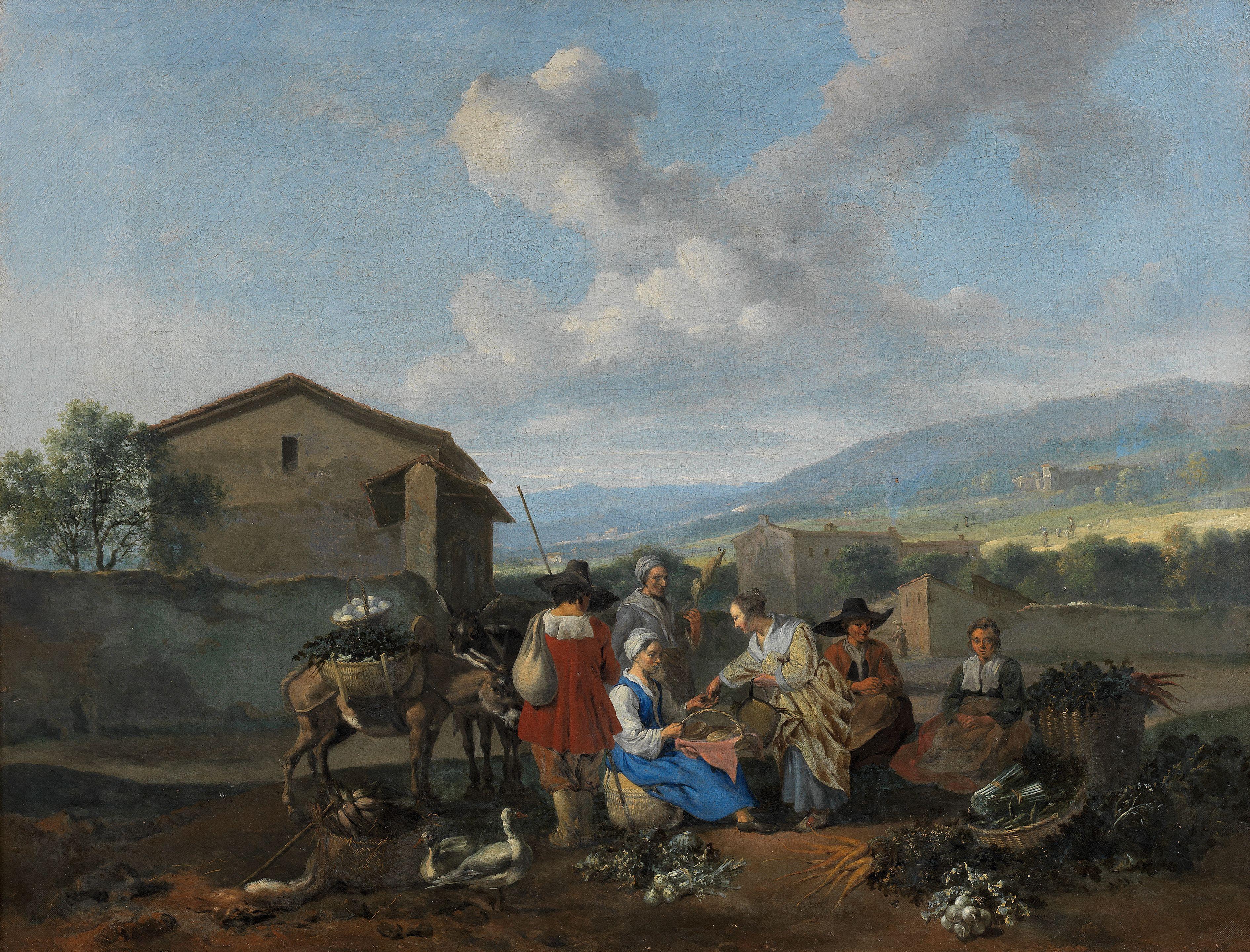 Hendrick Mommers - A market scene with figures in a landscape