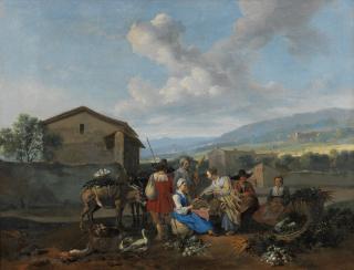 Hendrick Mommers - A market scene with figures in a landscape