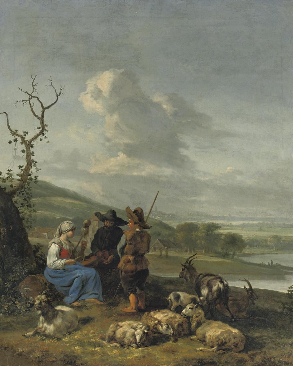 Hendrick Mommers - A peasant girl spinning with two shepherds watching