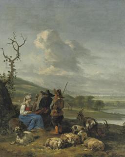 Hendrick Mommers - A peasant girl spinning with two shepherds watching
