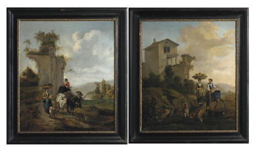 Hendrick Mommers - An Italianate Landscape With Village Women Travelling To Market With A Donkey; And An Italianate Landscape With Villagers And An Ox-Cart