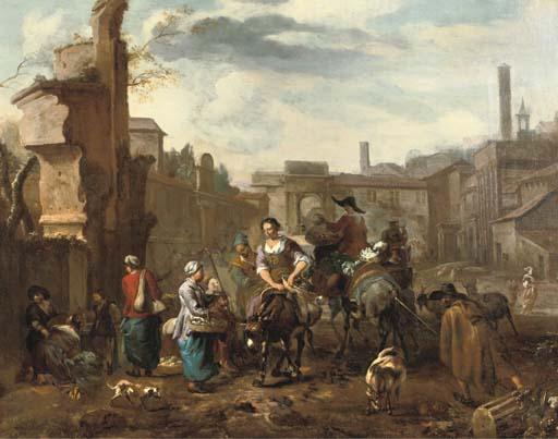 Hendrick Mommers - Marketeers On Mules And Other Figures Among Ancient Ruins In A Town Square