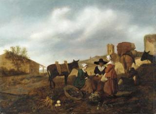Hendrick Mommers - Vegetable sellers in a landscape, a village beyond