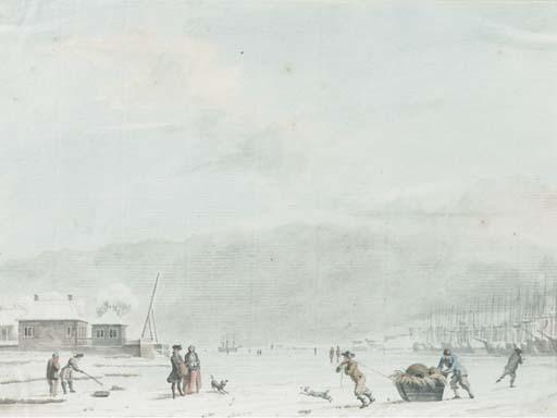Hendrick Pothoven - An Extensive Landscape With Figures Fishing And Skating On The Ice By A Frozen Port