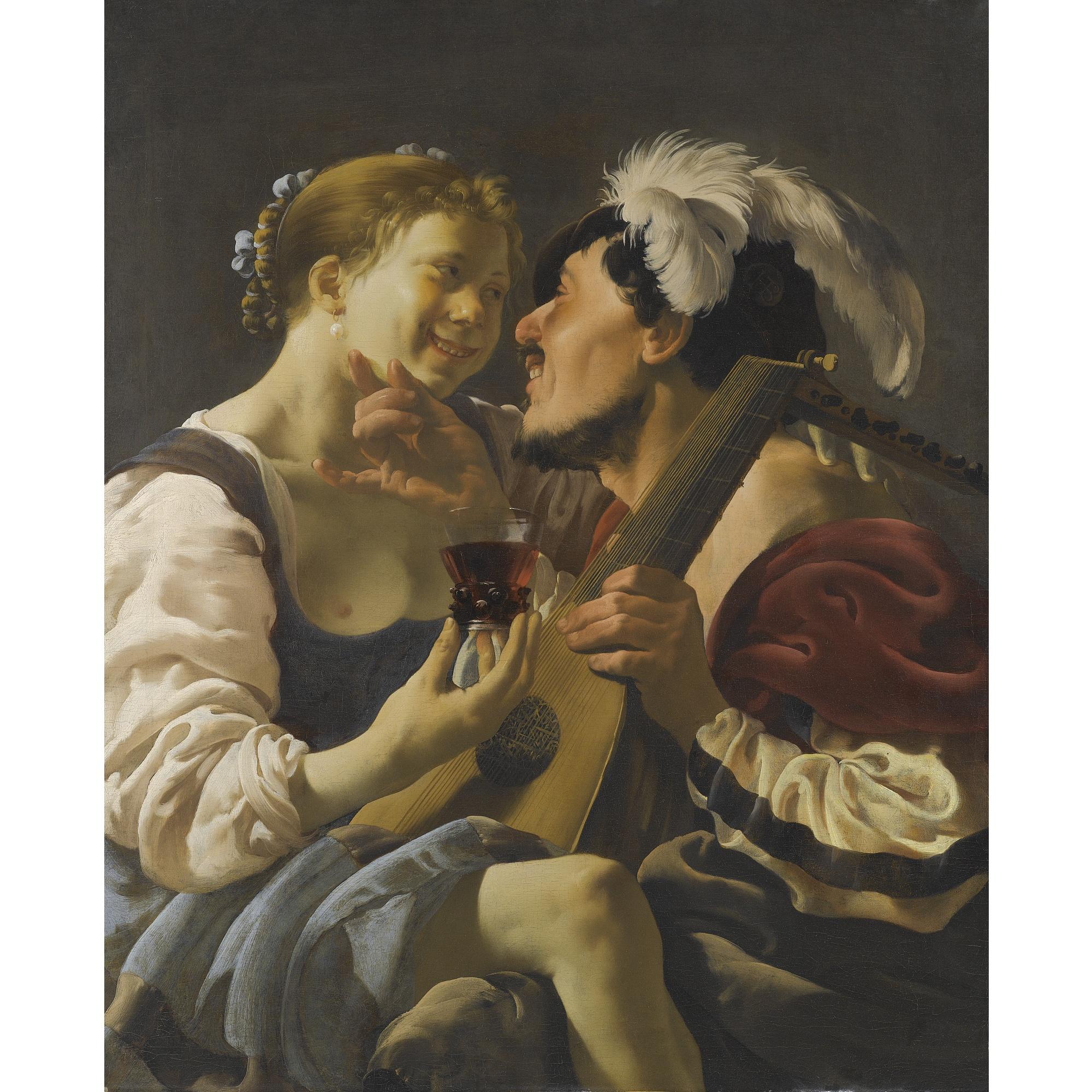 Hendrick Terbrugghen - A Luteplayer Carousing With A Young Woman Holding A Roemer