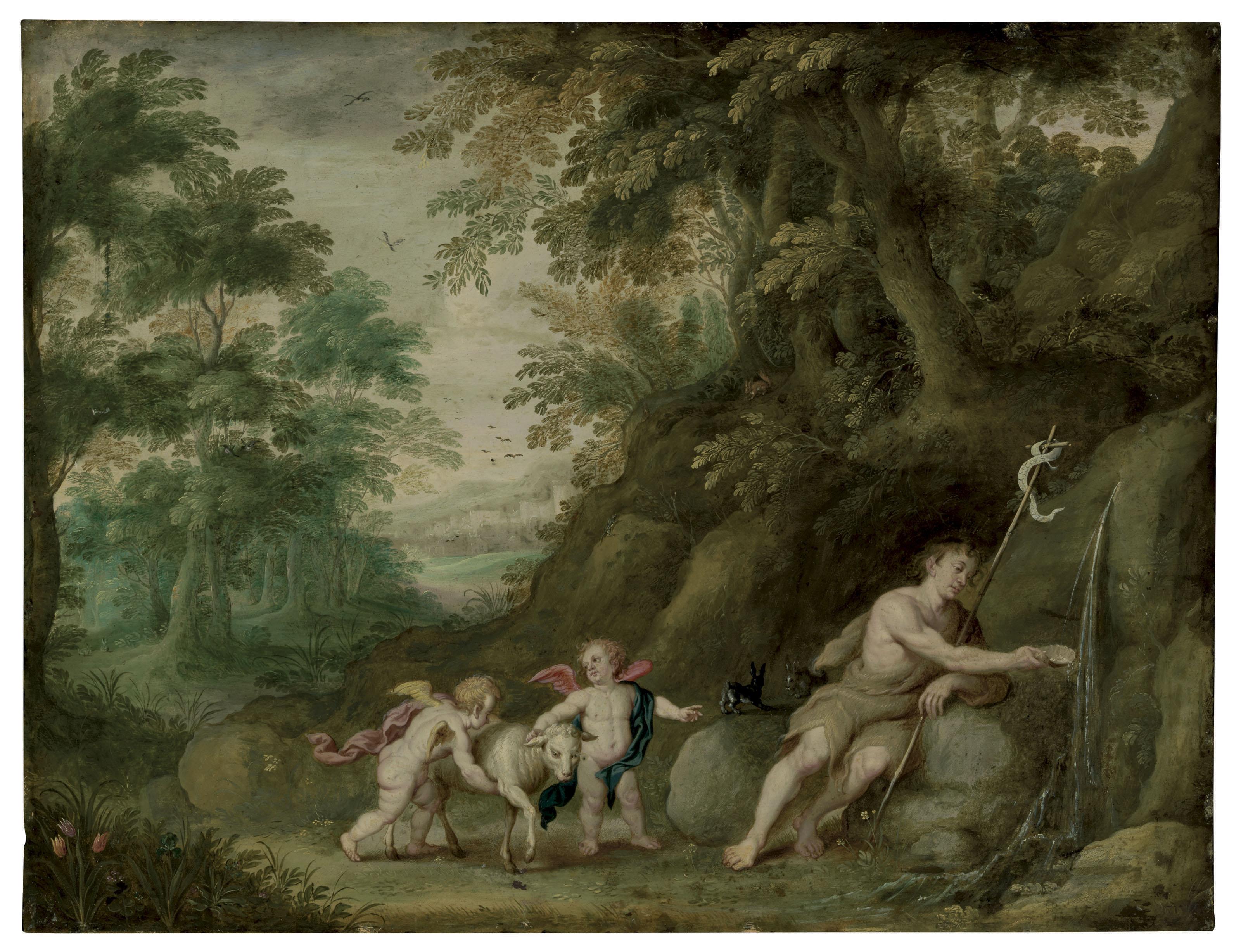 Hendrick Van Balen I - Saint John The Baptist With Two Putti And A Lamb In A Rocky Landscape