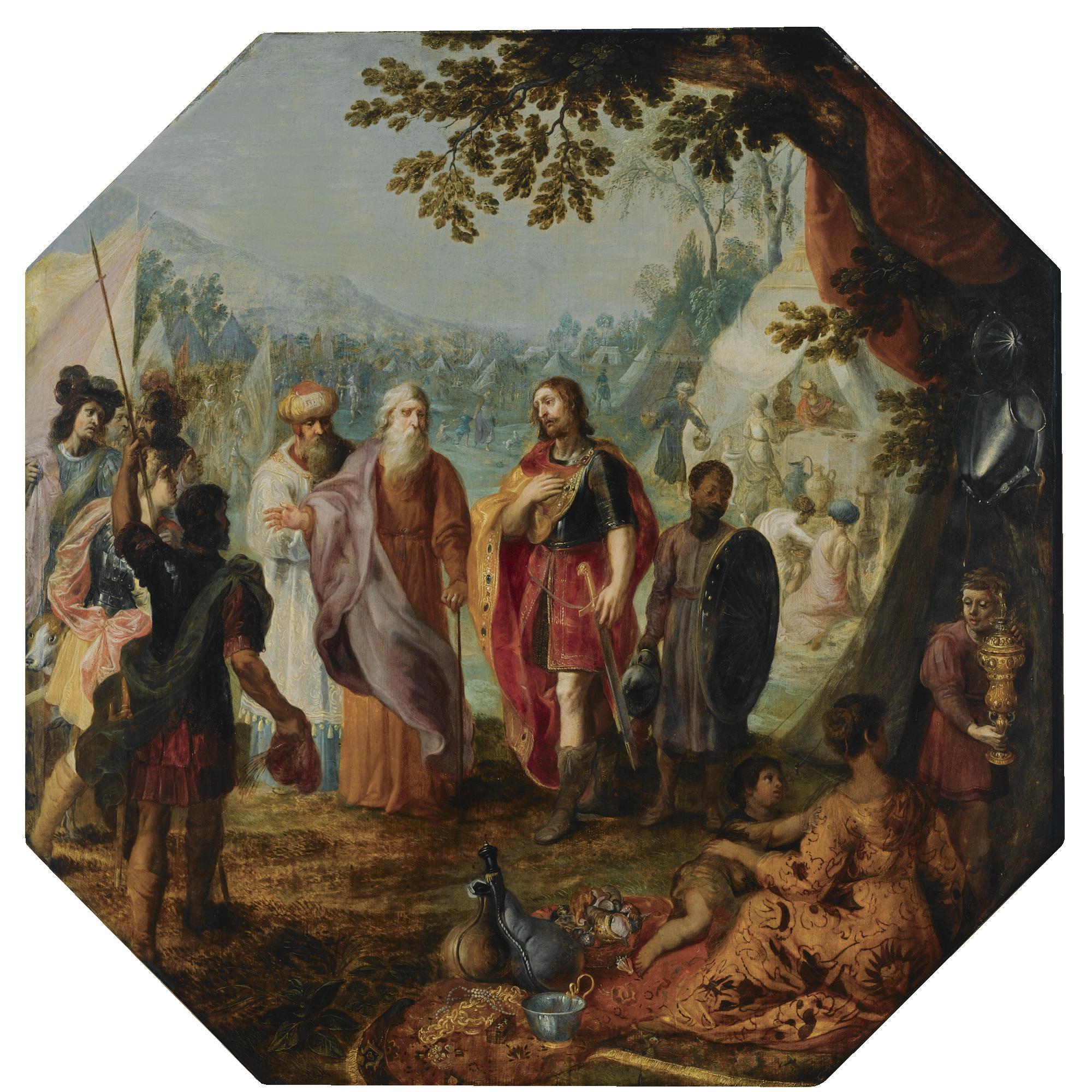 Hendrick Van Balen - Moses, Pinehas And Eleazar Meeting Officers Of The Army, A Seated Woman With Two Young Children In The Foreground, Surrounded By Jewellery And Other Precious Materials, A View Of The Army Camp Beyond