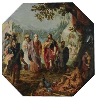 Hendrick Van Balen - Moses, Pinehas And Eleazar Meeting Officers Of The Army, A Seated Woman With Two Young Children In The Foreground, Surrounded By Jewellery And Other Precious Materials, A View Of The Army Camp Beyond