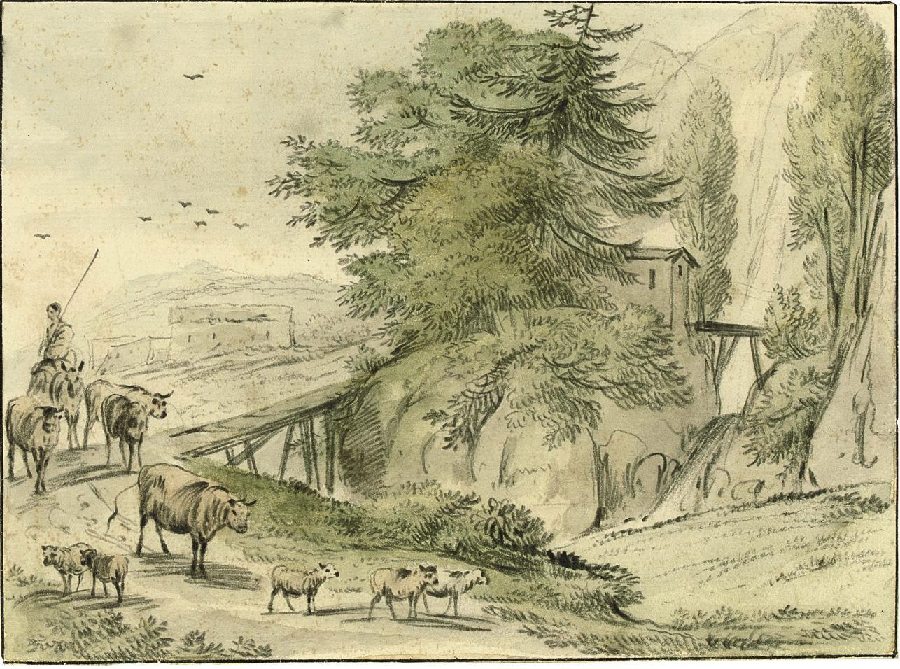 Hendrick van der Straaten - Herdsmen crossing a bridge in a rocky landscape; and Herdsmen resting beside ruins