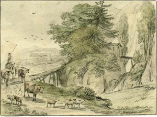 Hendrick van der Straaten - Herdsmen crossing a bridge in a rocky landscape; and Herdsmen resting beside ruins