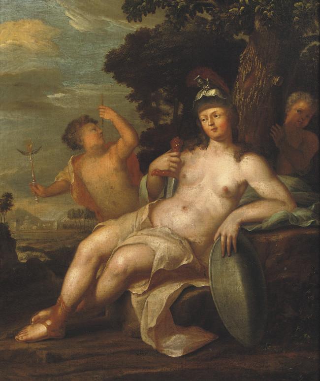 Hendrick Van Limborch - Pallas Athena in a wooded landscape with two putti by her side