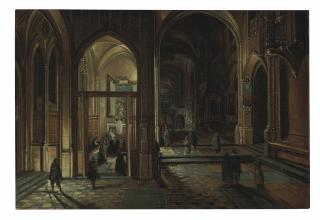 Hendrick Van Steenwijk Ii - Interior of a cathedral at night with a priest celebrating Mass