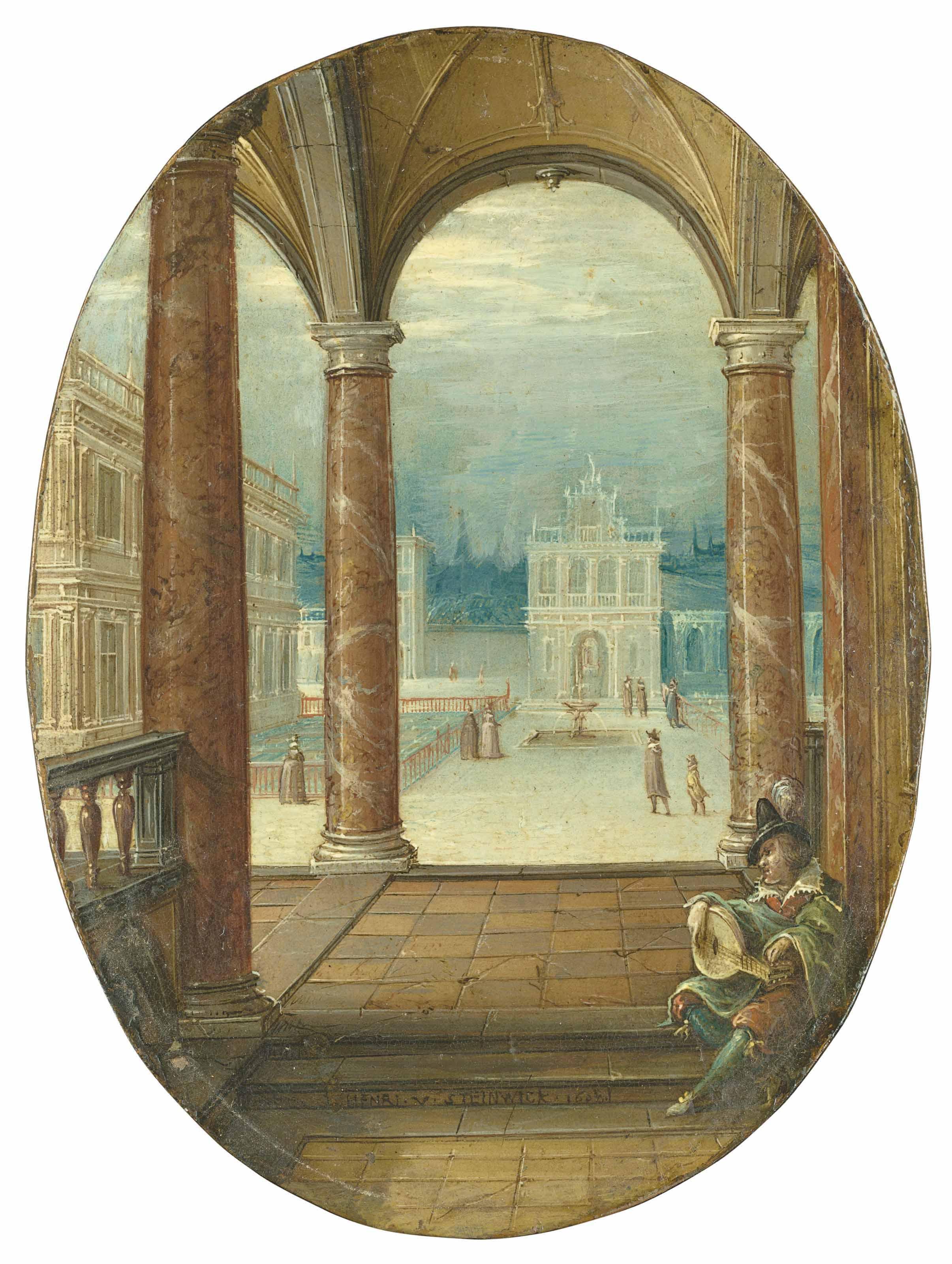 Hendrick Van Steenwijk Ii - The courtyard of a renaissance palace, viewed from a portico, with a lute player in the foreground