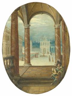 Hendrick Van Steenwijk Ii - The courtyard of a renaissance palace, viewed from a portico, with a lute player in the foreground