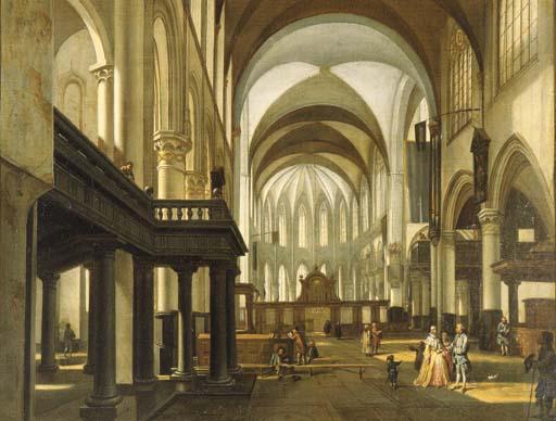 Hendrick Van Streeck - A view of the Oude Kerk, Amsterdam, looking towards the choir with an elegant couple and children in the nave