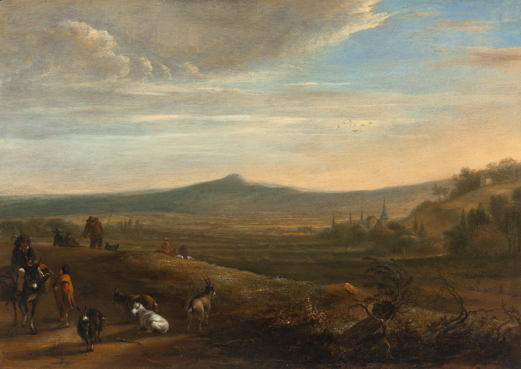 Hendrick Verschuring I - Weite Landschaft mit Schäfern im Abendlicht