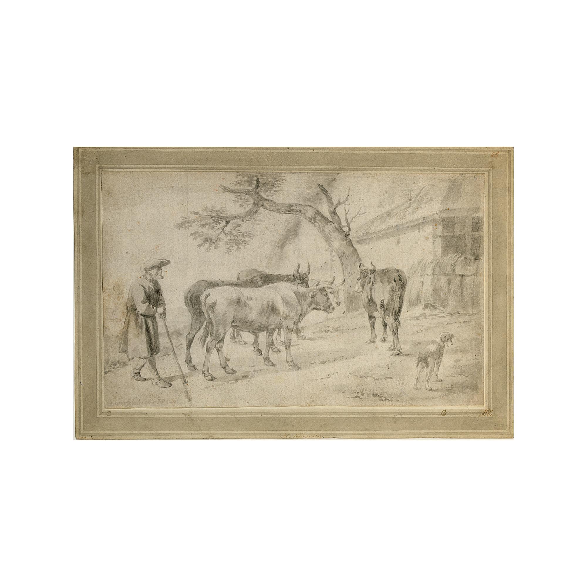 Hendrick Verschuring - A) An Elderly Famer Herding Four Cows, His Dog To The Right