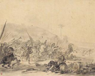 Hendrick Verschuring - A battle scene with trumpets blowing the retreat