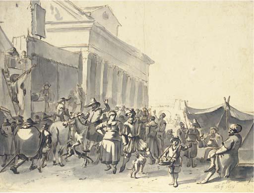 Hendrick Verschuring - A crowd watching actors in an outdoor theater, with a couple dancing, a classical portico beyond