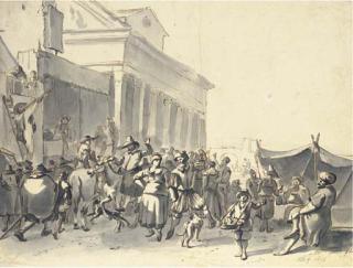 Hendrick Verschuring - A crowd watching actors in an outdoor theater, with a couple dancing, a classical portico beyond