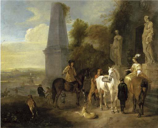 Hendrick Verschuring - A hunting party resting outside a mausoleum, a city beyond