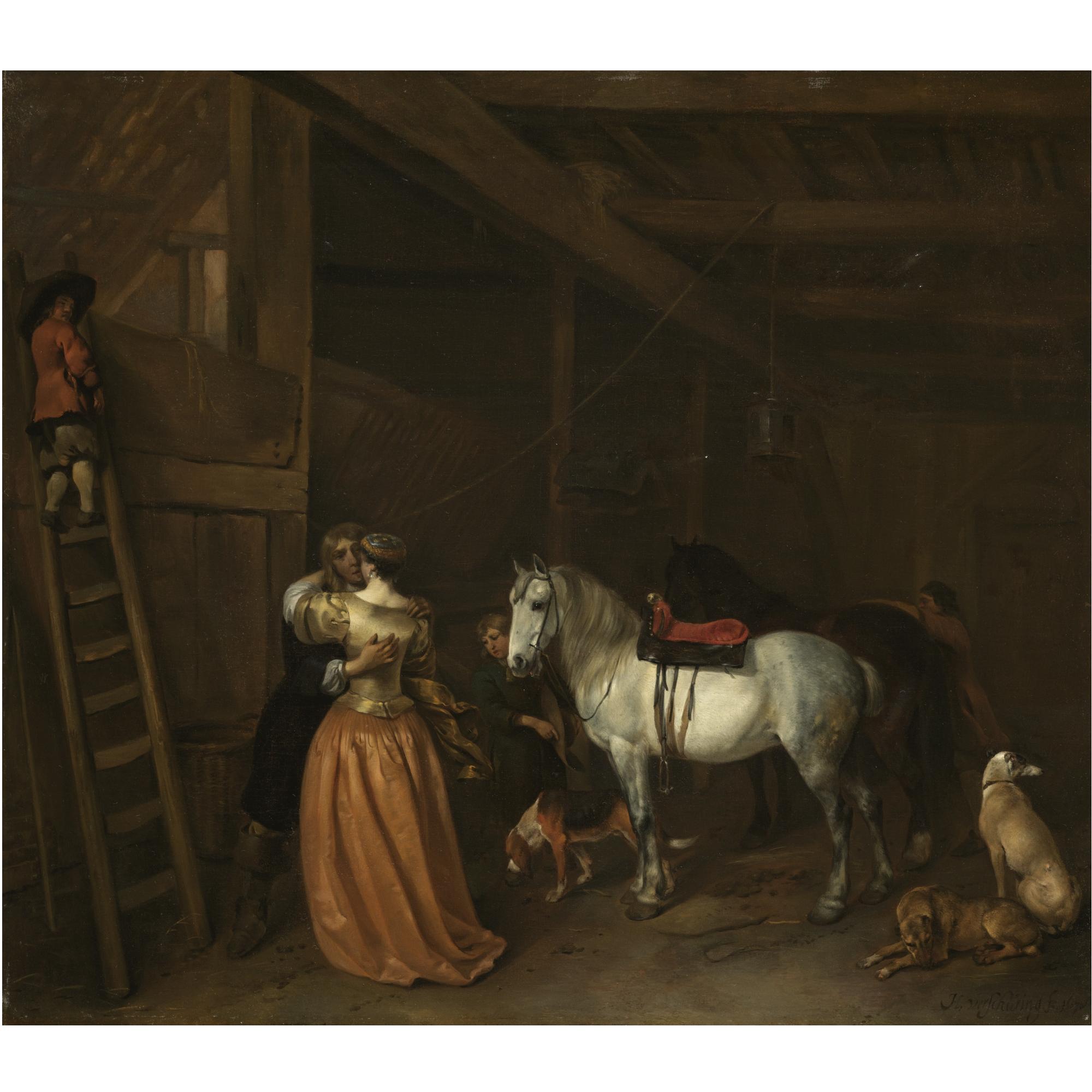 Hendrick Verschuring - An Amorous Couple In A Stable With A Grey, A Bay Horse And Dogs
