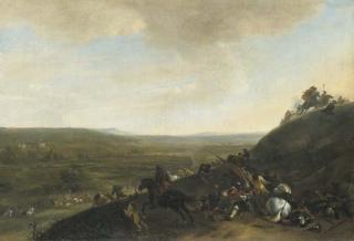 Hendrick Verschuring - An extensive landscape with a cavalry skirmish