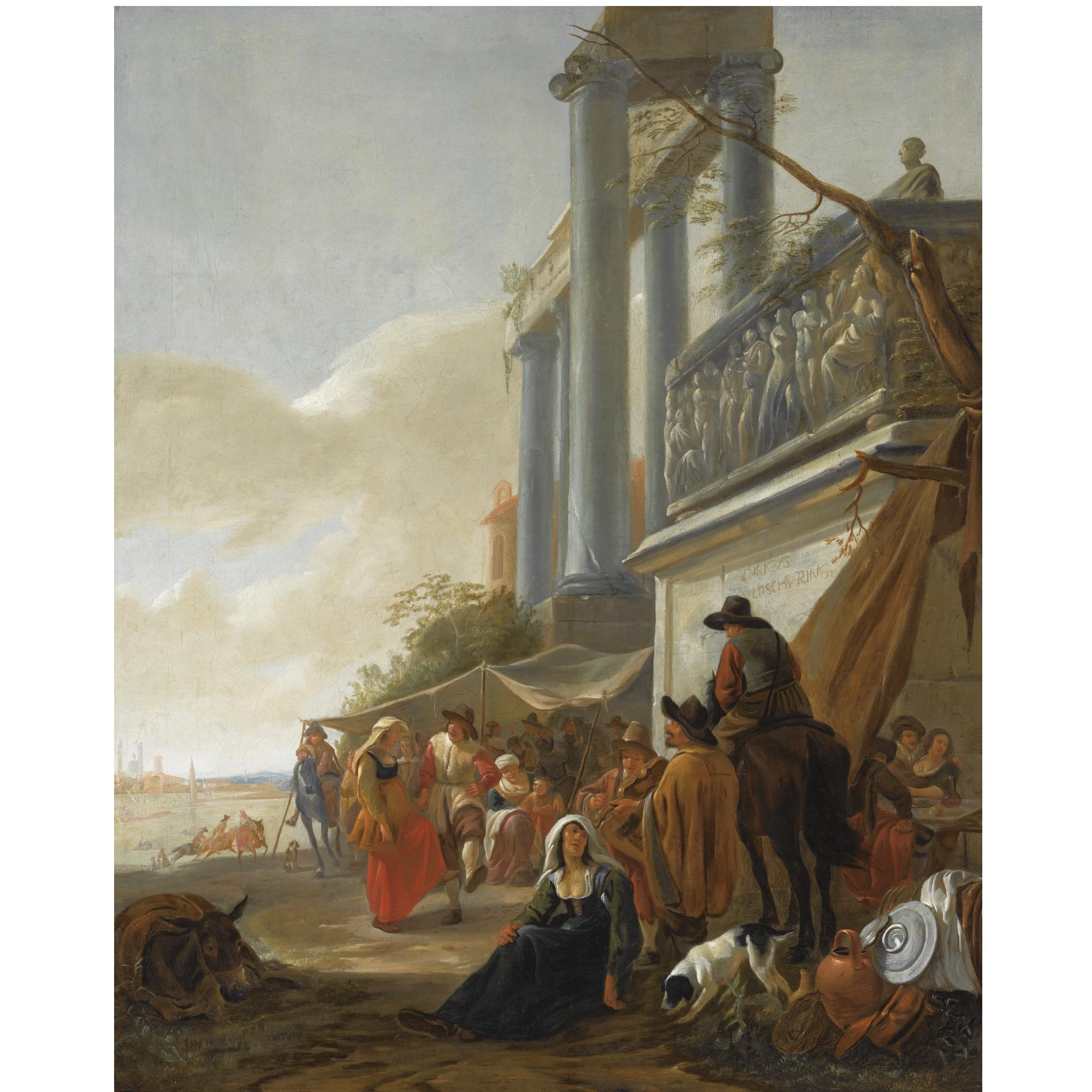 Hendrick Verschuring - An Italianate Street Scene With Peasants Dancing Near A Classical Ruin