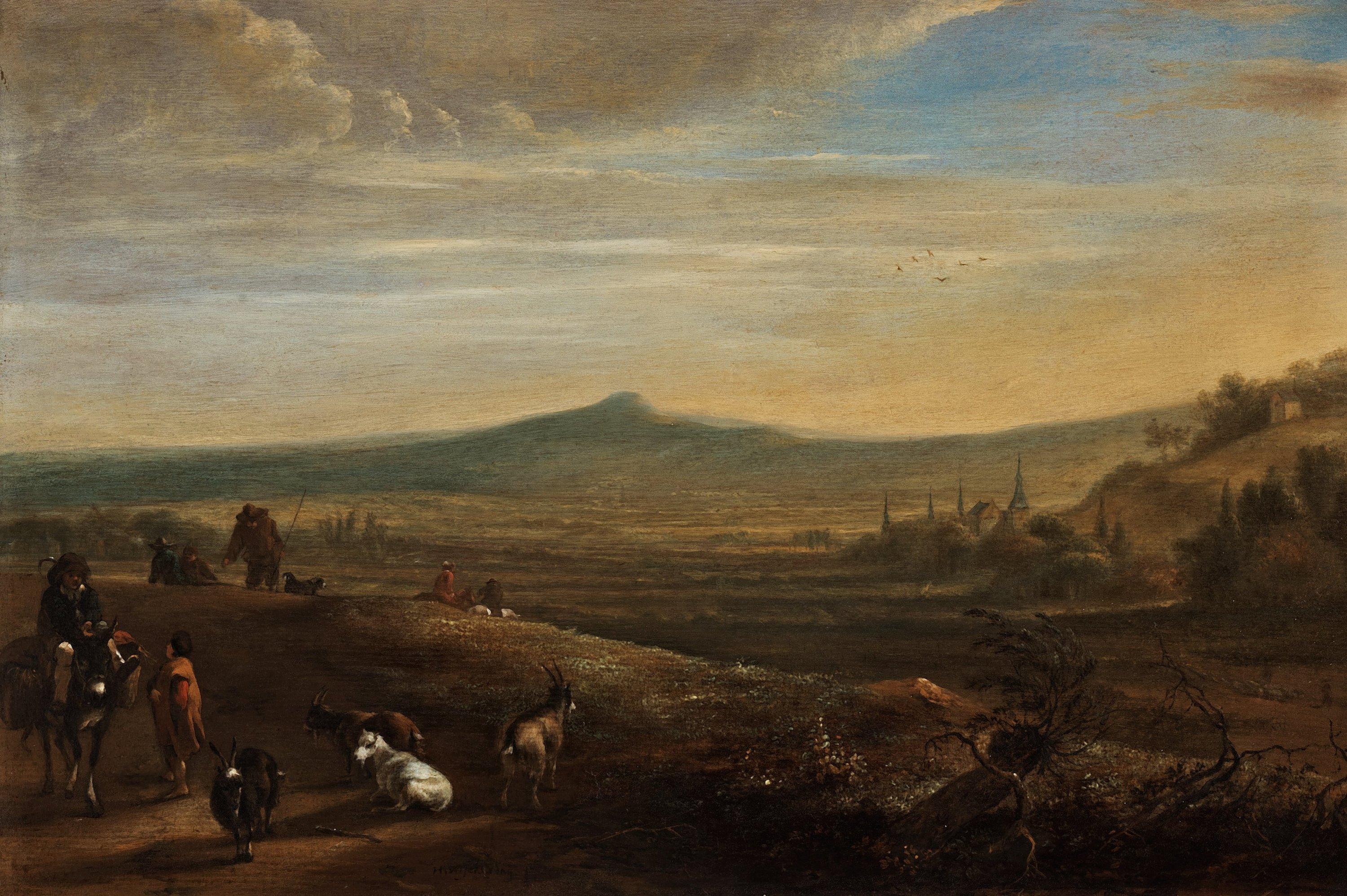 Hendrick Verschuring - Figures and cattle in an open landscape