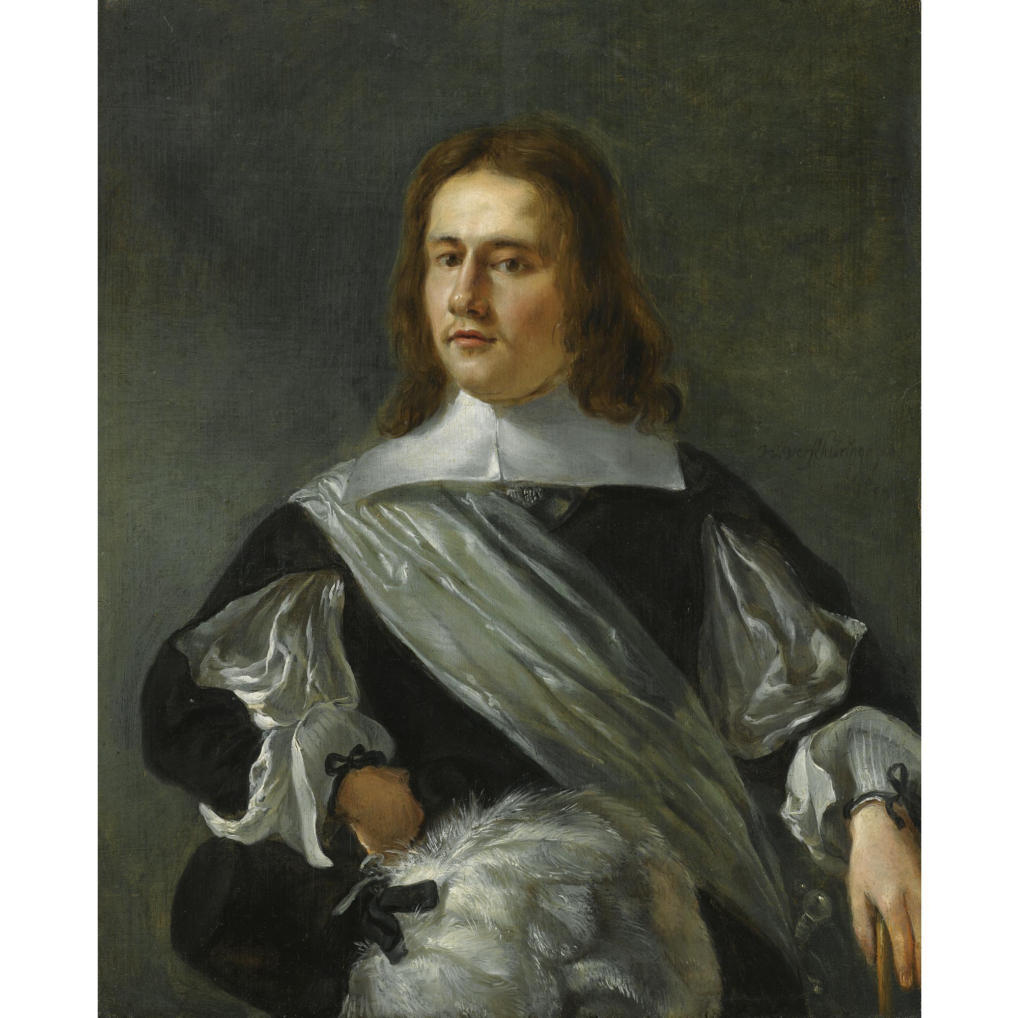 Hendrick Verschuring - Portrait Of A Young Man, Half Length, Wearing A Black Costume With Flat Collar And A White Chemise, And A White Satin Sash