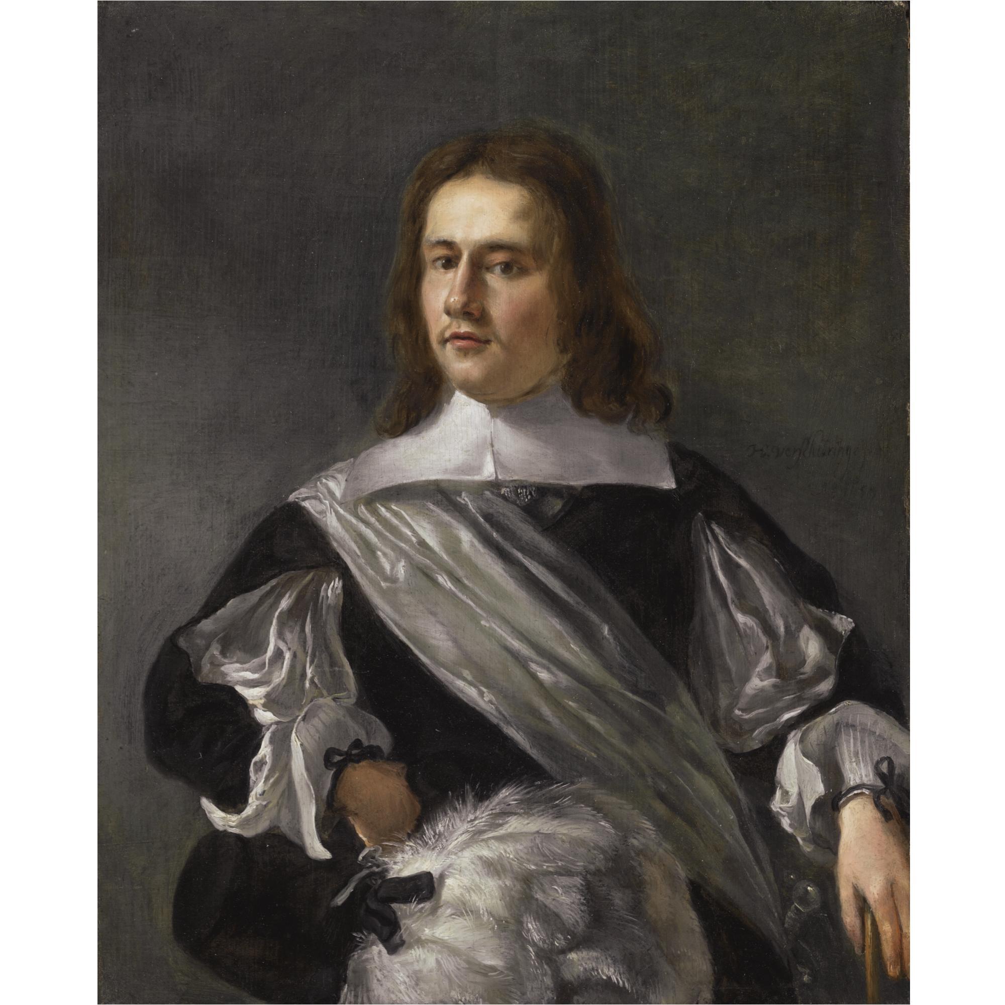 Hendrick Verschuring - Portrait Of A Young Man, Half Length, Wearing A Black Costume With Flat Collar And A White Chemise, And A White Satin Sash
