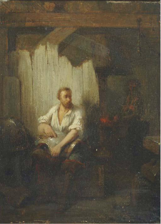 Hendricus Johannes Scheeres - A blacksmith polishing armour in his workshop