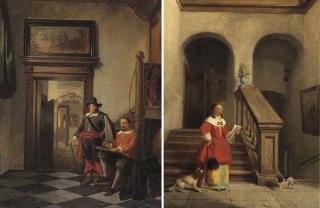 Hendricus Johannes Scheeres - Cavalier writing a letter; Young girl reading a letter