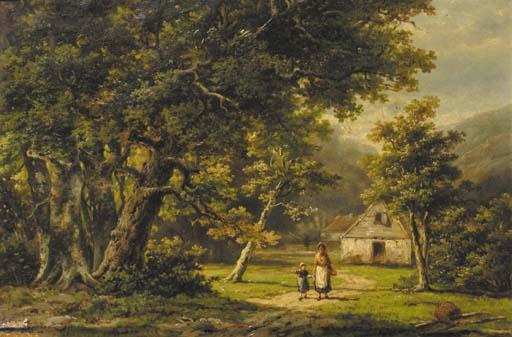 Hendrik Barend Koekkoek - A peasant woman and a boy in a wooded landscape