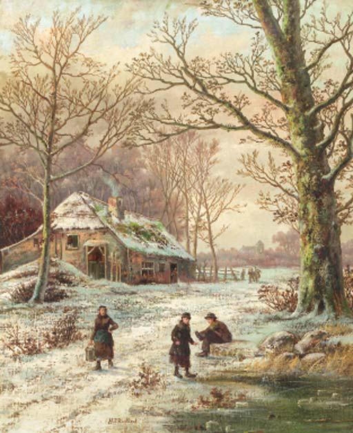 Hendrik Barend Koekkoek - A winter landscape with youngsters putting on their skates