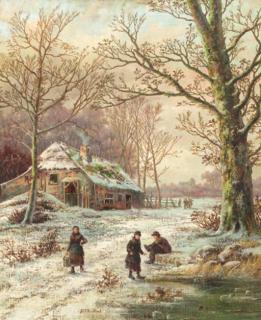 Hendrik Barend Koekkoek - A winter landscape with youngsters putting on their skates