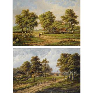 Hendrik Barend Koekkoek - Peasants Near A Farm Stead; Travellers In A Summer Landscape (A Pair)