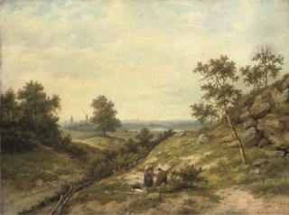 Hendrik Barend Koekkoek - Woodgatherers in a hilly landscape