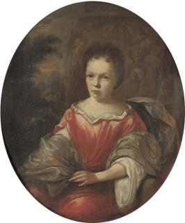 Hendrik Carree - Portrait of a lady, seated, three-quarter-length, in a red satin dress with a blue mantle, a classical relief and a wooded landscape beyond