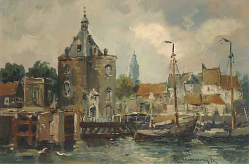 Hendrik Cornelis Kranenburg - A view of the \'Dromedaris\', Enkhuizen
