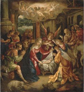 Hendrik de Clerck - The Adoration of the Shepherds with the Annunciation to the Shepherds beyond