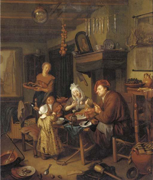 Hendrik de Valk - An interior with a family eating around a table, an artist\'s studio beyond